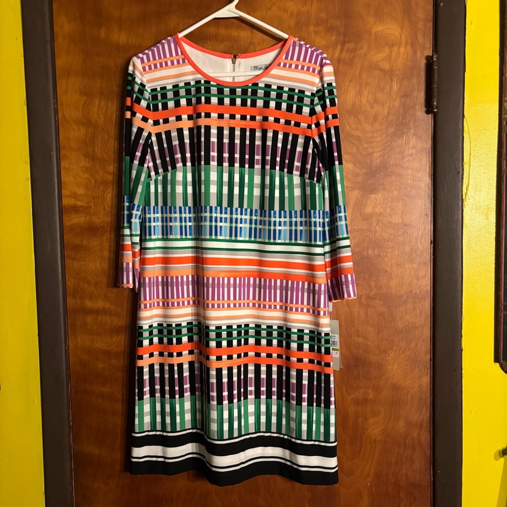 New Eliza J Blue Colorful Geometric Design  Shift Dress Sz 14